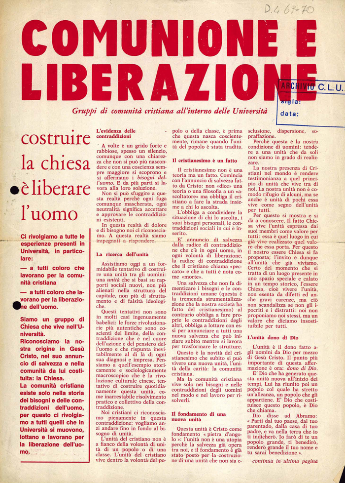 Novembro de 1969. A primeira página do boletim público onde, pela primeira vez, apareceu o nome “Comunhão e Libertação”. © Fraternità di CL